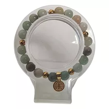 Pulsera De Cuarzo Amazonita Con Dije Medalla San Benito