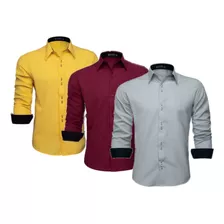 Kit Com 3 Camisas Social Masculina Slim Blusa Longa Lisa