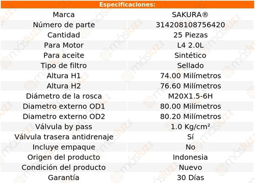 Paquete 25 Filtros Aceite Santa Fe 2.0l 4 Cil 13/20 Foto 2