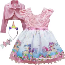 Vestido Festa Unicornio Rosa Festa Infantil E Kit Completo