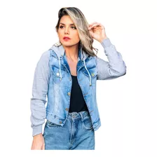 Jaqueta Jeans Com Manga Capuz Moletom Casaco Mulher Inverno