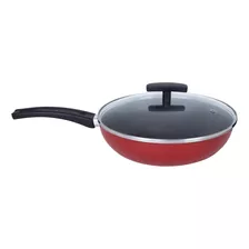 Frigideira Wok Antiaderente 26 Grande Com Tampa Vidro Cabo Cor Vermelho