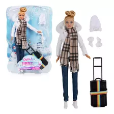 Muñeca Articulada De Viaje Con Valija Y Ropa De Invierno