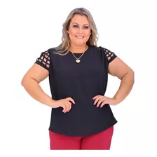 Blusa Feminina Crepe Manga Detalhes Plus Size Tam M Até G3