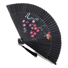 Leque De Bambu Estilo Japonês 21cm Preto Sakura Borboleta