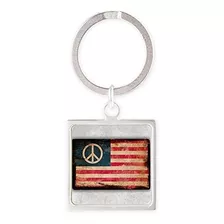 Square Keychain Worn Us Flag With Peace Symbol Sign