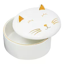 Caixa Gato Cerâmica Decorativo Branco E Dourado 09856 Mart