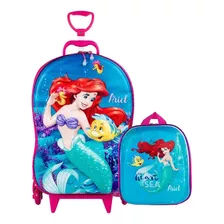 Mochila Rodinha 3d Lancheira Pequena Sereia Ariel Maxtoy Cor Azul-claro