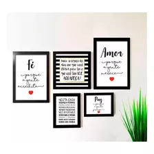 Kit 5 Quadros Decorativos Amor Fé Paz Frases Sala C/ Vidro