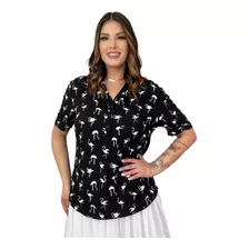 Blusa Manga Curta Feminina Para O Cotidiano C/ Botão Preta