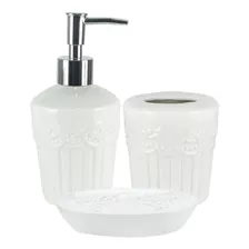 Kit Banheiro 3 Peças Redondo Branco Porcelana Flores Premium