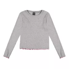 Blusa Juvenil Kyly Manga Longa Canelada Cinza