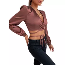 Top Cruzado Satin Casual Manga Larga Farol Mujer Cafe