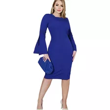 Vestido Midi Kauly 3587 Azul Fenda Frontal Manga Flaire