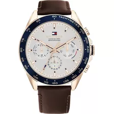 Reloj Tommy Hilfiger Owen Hombre 1791966 Marrón Taquimetro Bisel Oro Rosa Fondo Blanco