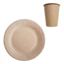 Pack Set Combo Plato Vaso Kraft Ecologico Kit Cumple X20 Un