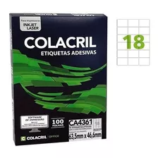 100 Folhas Etiquetas Colacril A4 - Ca4361 (18 Etiq/folha) Cor Branco