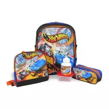 Kit Mochila Escolar De Costas, Lancheira E Estojo Hot Wheels