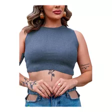 Cropped Blusa Regata Tricot Feminina Gola Redonda Canelado