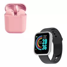 Pack Smartwatch D20 Acuático Negro Y Audífono I12 Rosado