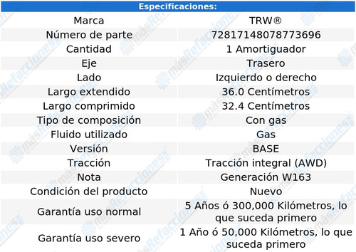 Amortiguador Gas Tras Izquierdo O Derecho Ml320 98 Al 02 Trw Foto 2