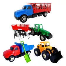 Kit 4 Caminhão E Trator Boiadeiro Com Boi Brinquedo Carrinho