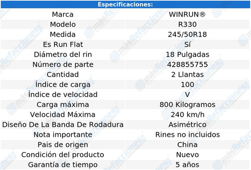 2 Llantas 245/50rf18 (runflat) 100v Winrun R330 Sin Rin Foto 2