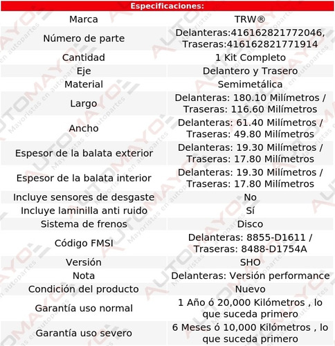 Jgo Balatas Semimetlicas Del Y Tras Trw Ford Taurus 13-15 Foto 2