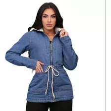 Jaqueta Jeans Parka Feminina Peluciada Escura Longa Pelinho