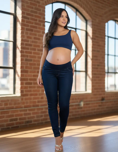 Calça Legging Jeans Gestante Confortável Cós Alto Grávida