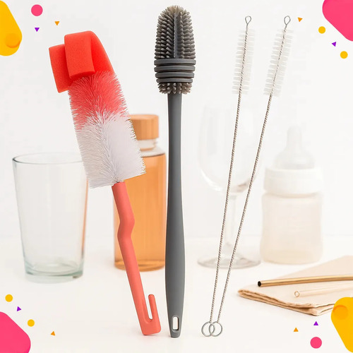 Kit 4 Escovas Limpeza Mamadeira Garrafa Canudo Copo Bico Silicone Nylon Cilíndricas Com Cabo Bebê Família Sem Bpa Higienização Profunda 4 Em 1 Tender Trove Sortido