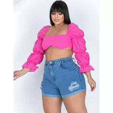 Short Jeans Plus Size Bordado C/ Lycra Barra Dobrada