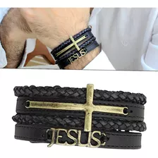 Pulseira Couro Católico Religioso Cruz Padre Crisma Preto