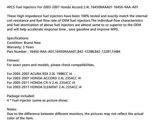 4 Inyectores De Combustible Para Honda Accord 2.4l 16450raaa Foto 8