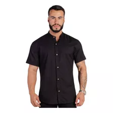 Camisa Social Masculina Gola Padre Manga Curta De Linho