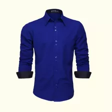 Camisa Azul Social Masculina Slim Manga Longa Slim Royal