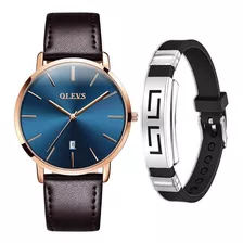 Relógio Masculino Social Dourado Casual De Luxo + Pulseira Cor Da Correia Marrom Cor Do Fundo Azul