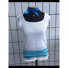 Blusa Feminina Vintage Tricot Listrada Azul E Branca Antiga