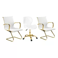 Kit 3 Cadeiras De Escritório Giratória E Fixa Dourado Matte