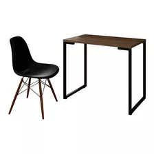 Mesa Escrivaninha Fit 90cm Castanho E Cadeira Charles Preta Cor Marrom