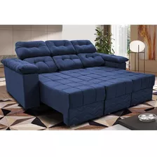 Sofa Itália 2,60m Retrátil Reclinavel Suede Azul Cama Inbox