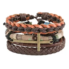 Set De Manillas Pulsera De Cuero Cruz Para Hombre Y Mujer 