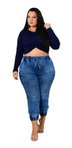 Calça Jogger Plus Size Jeans Escuro Elástico Moda Blogueira
