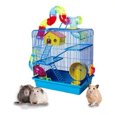 Gaiola Com Casinha E Tubo Para Hamster 3 Andares + Bebedouro Cor Azul