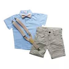 Conjunto Social Infantil Camisa Bermuda Marsala Suspensório 