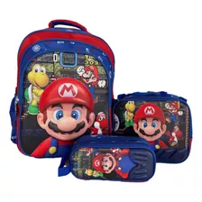 Combo Morral Escolar Grande Mario Bros + Lonchera Y Cartuche