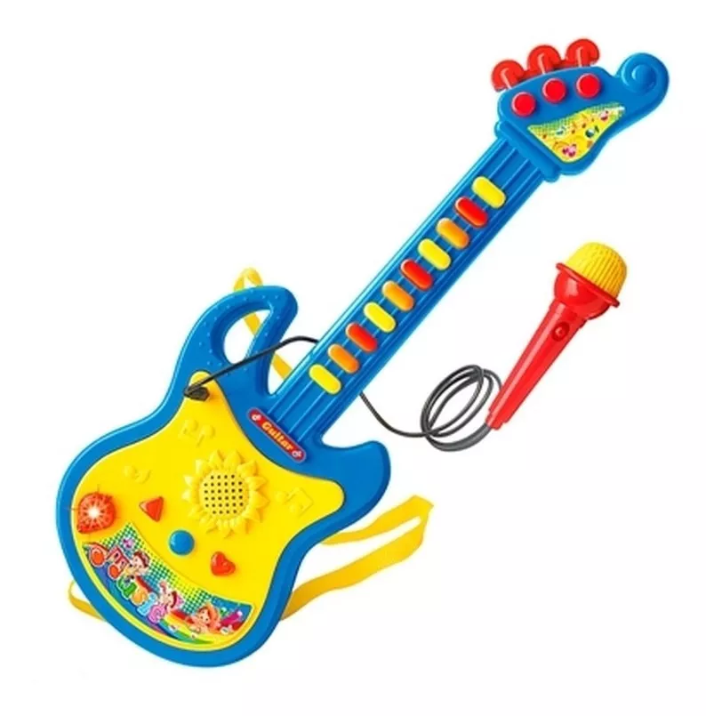 Guitarra Infantil Com Microfone Luz Som Azul - Dm Toys 5379