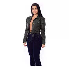 Jaqueta Jeans Feminina Resinada Com Lycra Tipo Couro S3989