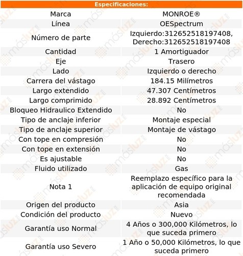 (1) Amortiguador Tra Oespectrum Gas Der O Izq Grand Am 95/98 Foto 2