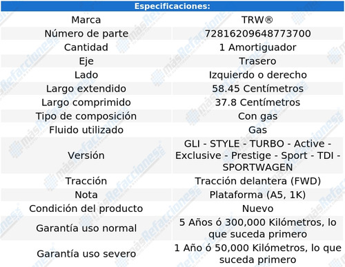 Amortiguador Gas Tras Izquierdo O Derecho Bora 06 Al 10 Trw Foto 2